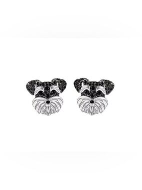 Schnauzer Dog Face Stud Earrings - Silver & Black